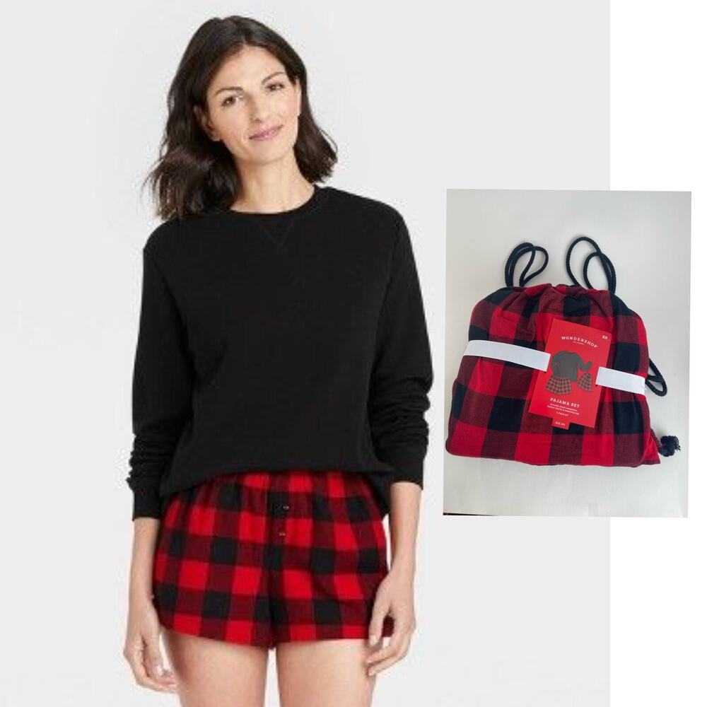 Wondershop Red‎ Black Flannel Shorts, Plush Sweatshirt & Bag Pajama Set XS